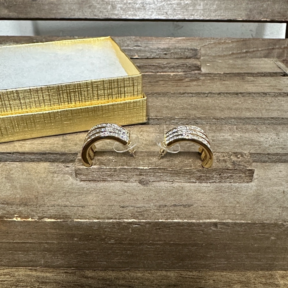 Swarovski Crystal Very Rare vintage tripe row gold half hoop gold post earrings - Picture 4 of 8